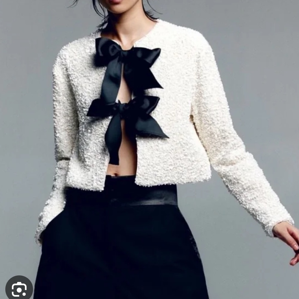 H&M Cream Bouclé Crop Cardigan with Black Ribbon Bows